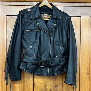 Harley Davidson Women’s Vintage Black Leather Biker Jacket w Fringe, Size Medium
